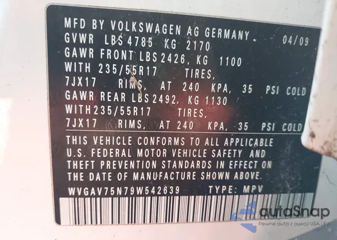 2009 Volkswagen Tiguan Se from USA, damaged, VIN WVGAV75N79W542639